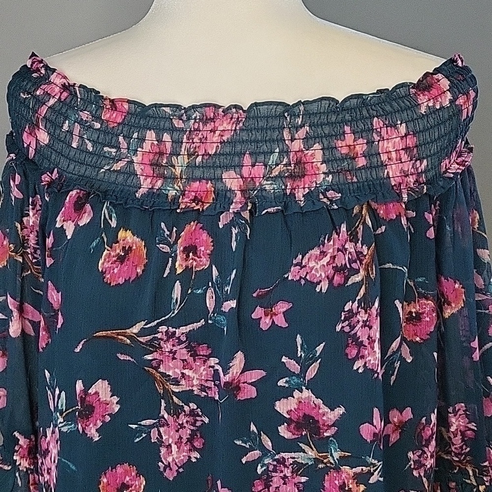 CeCe Floral On or Off The Shoulder Lined Sheer Sleeve Teal Pink Floral Top Sz S - Picture 4 of 9